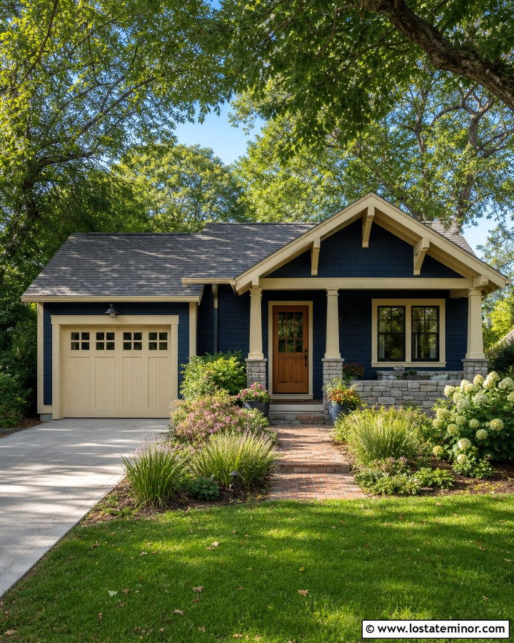 Navy Blue Bungalow With Cream Garage Door - 30 Navy Blue House Design With Garage Door Ideas