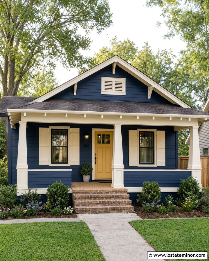Navy Blue Bungalow With Cream Shutters - 30 Navy Blue House Design With Shutters Ideas