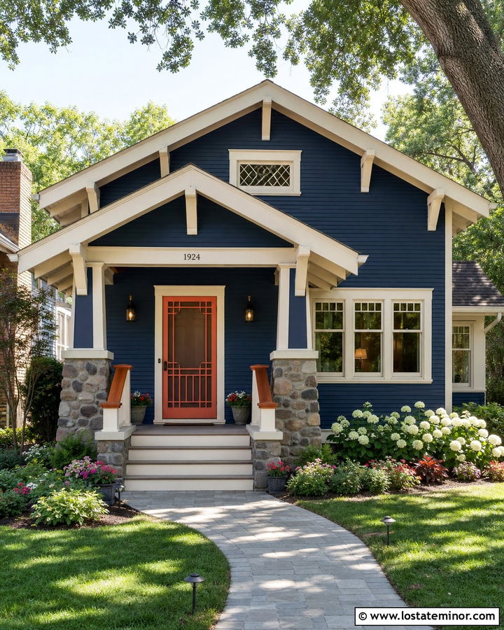 Navy Blue Bungalow With Decorative Screen Door - 30 Navy Blue House Design With Screen Door Ideas