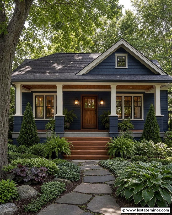 Navy Blue Bungalow With Fern Filled Porch Garden - 30 Navy Blue House Design With Front Yard Ideas