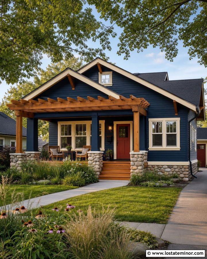 Navy Blue Bungalow With Front Porch Pergola - 30 Navy Blue House Design With Pergola Ideas