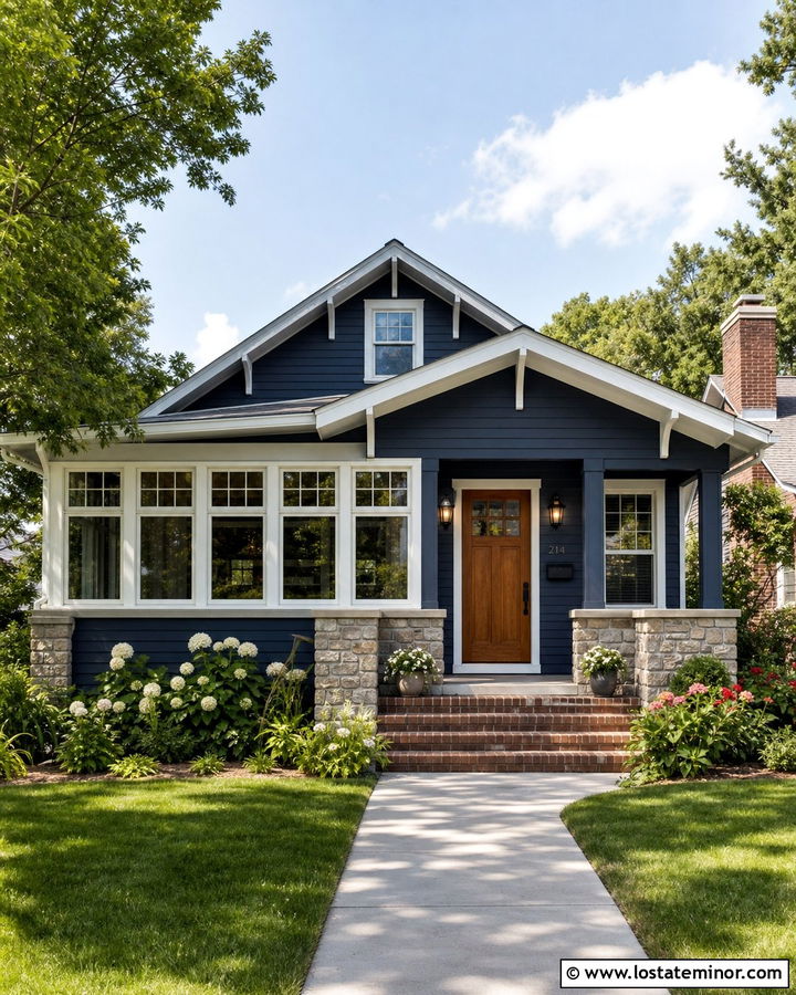Navy Blue Bungalow With Front Sunroom - 30 Navy Blue House Design With Sunroom Ideas