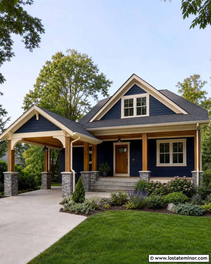Navy Blue Bungalow With Gable Carport - 30 Navy Blue House Design With Carport Ideas