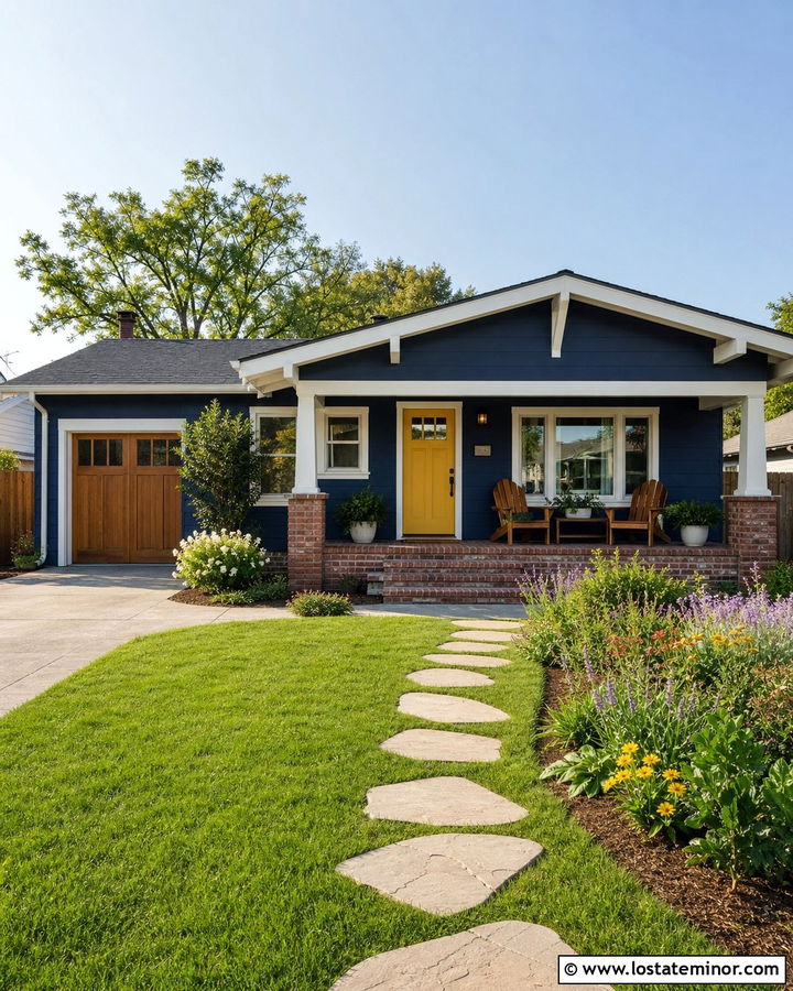 Navy Blue Bungalow With Mustard Door And Brick Porch - 30 Navy Blue House Design With Accents Ideas