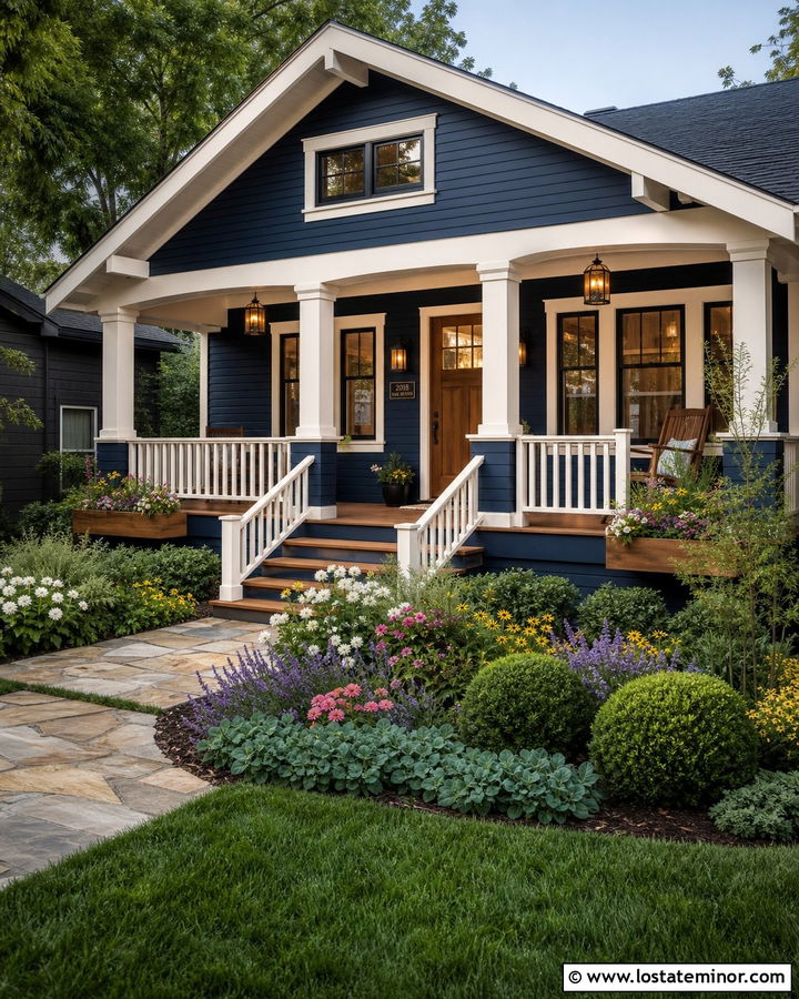 Navy Blue Bungalow With Porch Flower Border - 30 Navy Blue House Design With Landscaping Ideas