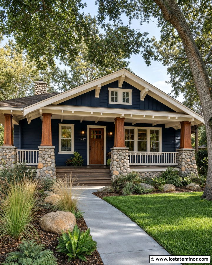Navy Blue Bungalow With River Rock Wainscoting - 30 Navy Blue House Design With Wainscoting Ideas