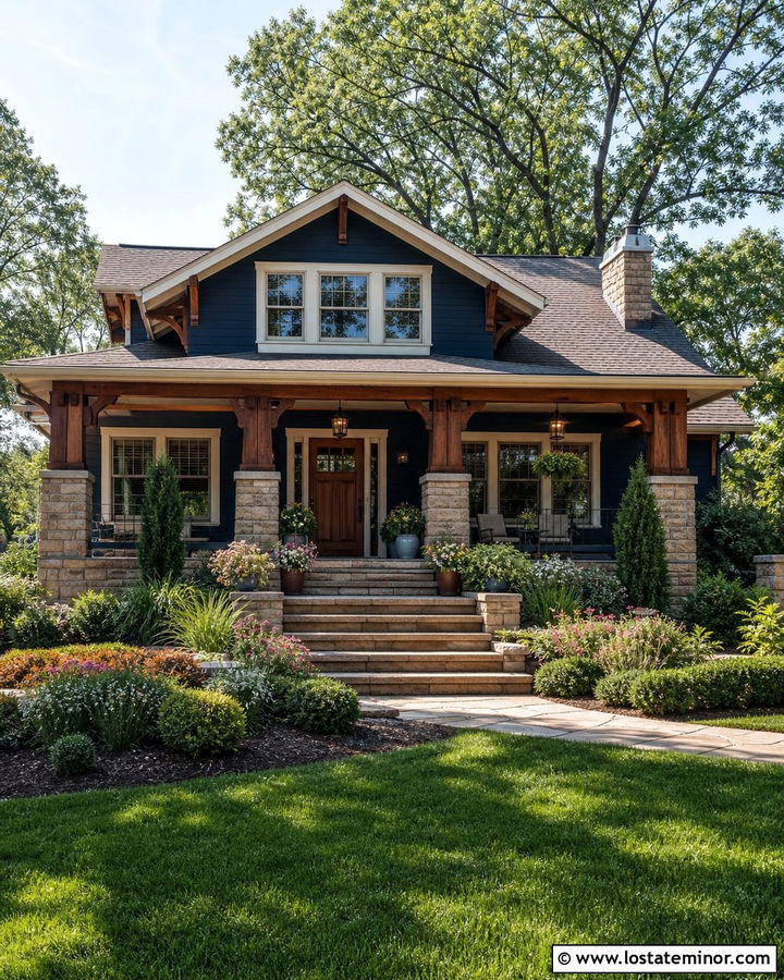 Navy Blue Bungalow With Sandstone Columns - 30 Navy Blue House Design With Stone Accents Ideas