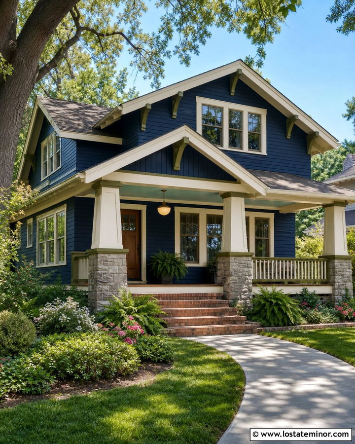 Navy Blue Bungalow With Schoolhouse Porch Lights - 30 Navy Blue House Design With Light Fixtures Ideas