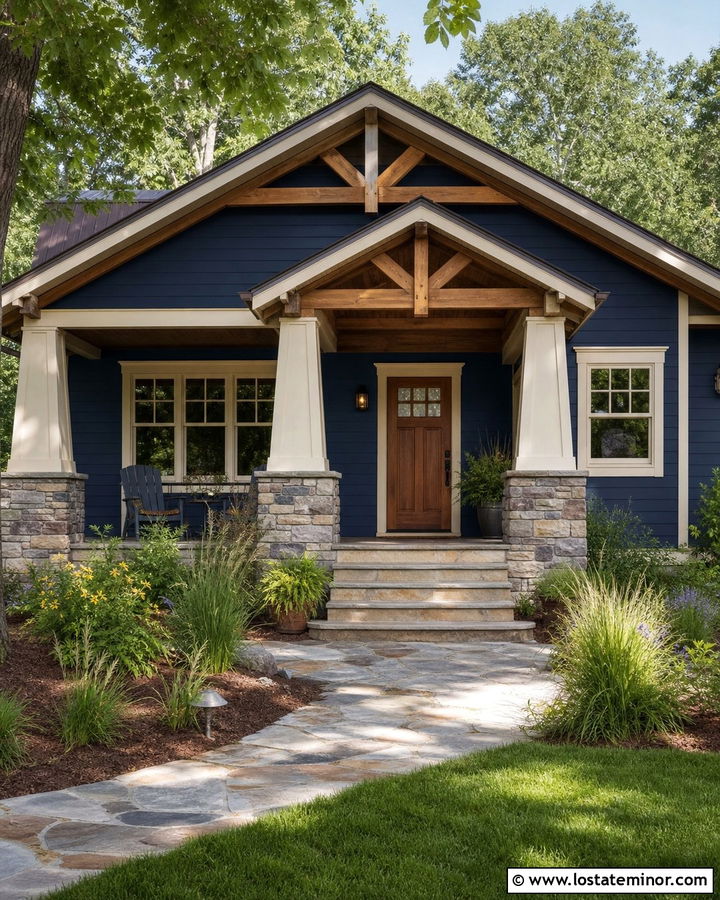 Navy Blue Bungalow With Tapered Stone Columns - 30 Navy Blue House Design With Porch Columns Ideas