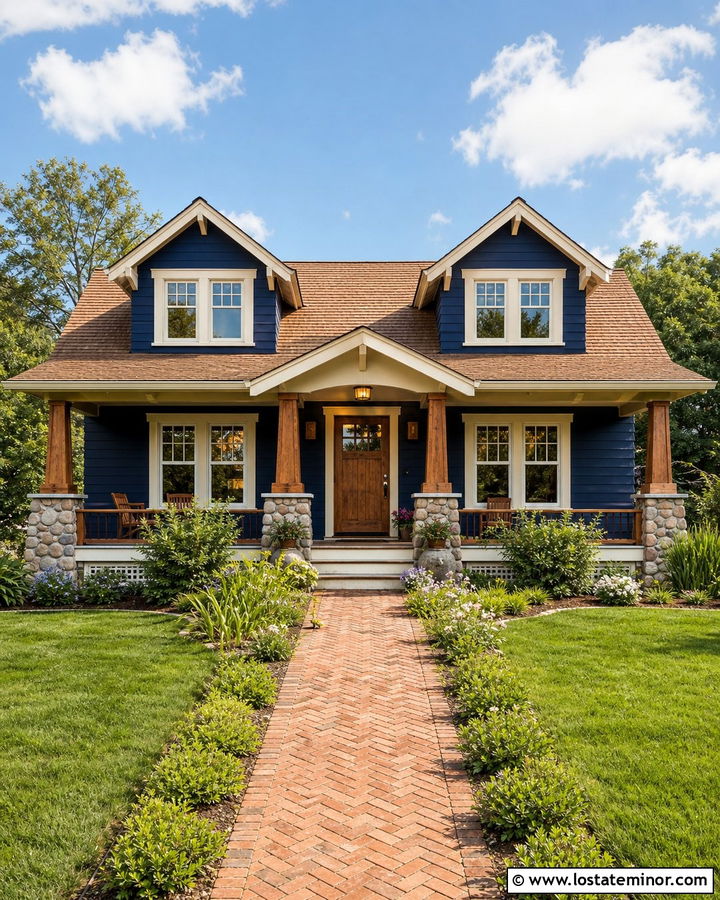 Navy Blue Bungalow With Twin Dormers - 30 Navy Blue House Design With Dormers Ideas
