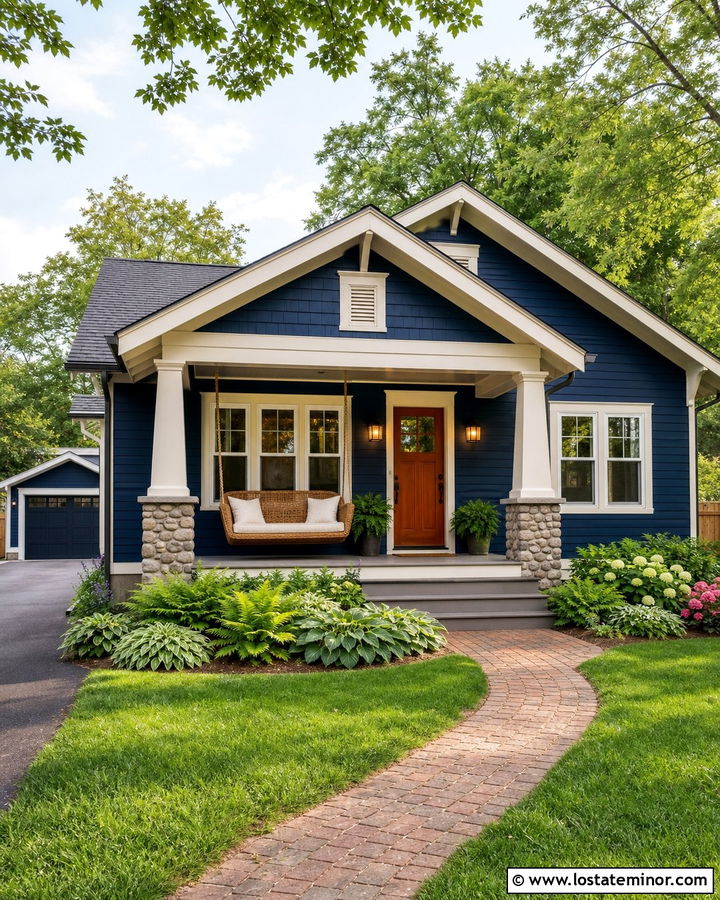 Navy Blue Bungalow With Wicker Swing - 30 Navy Blue House Design With Swing Ideas