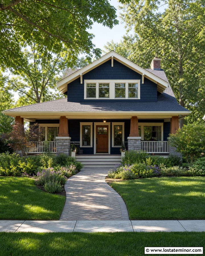 Navy Blue Bungalow With Wide Gable - 30 Navy Blue House Design With Gables Ideas