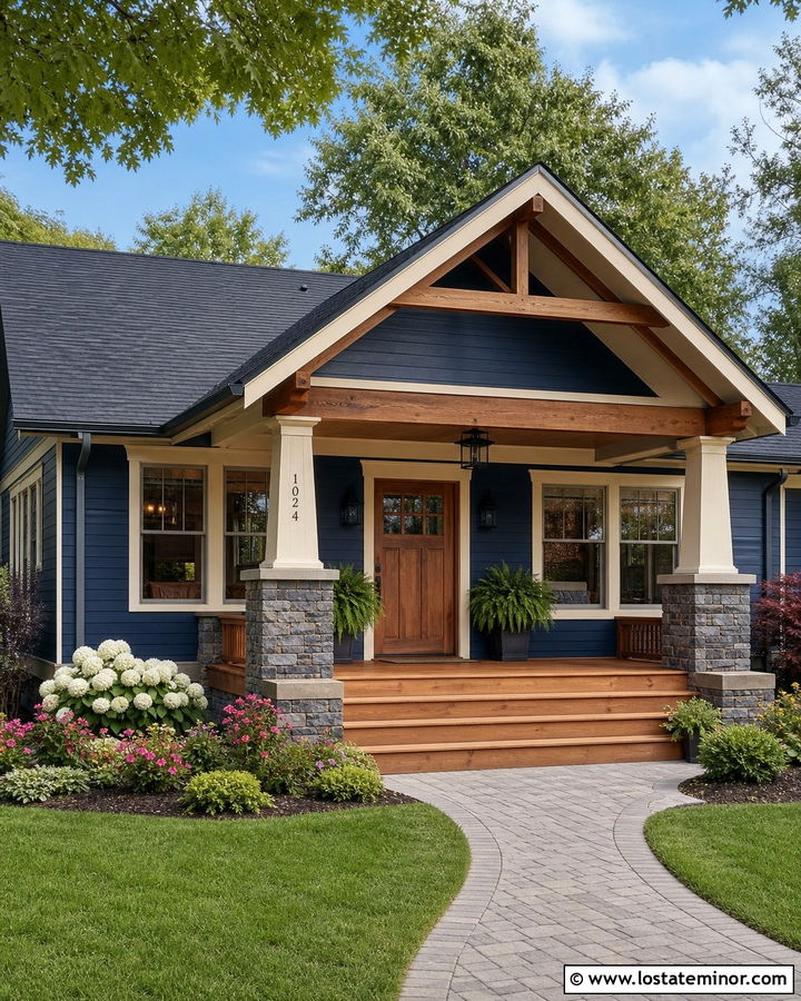 Navy Blue Bungalow With Wood Steps - 30 Navy Blue House Design With Steps Ideas