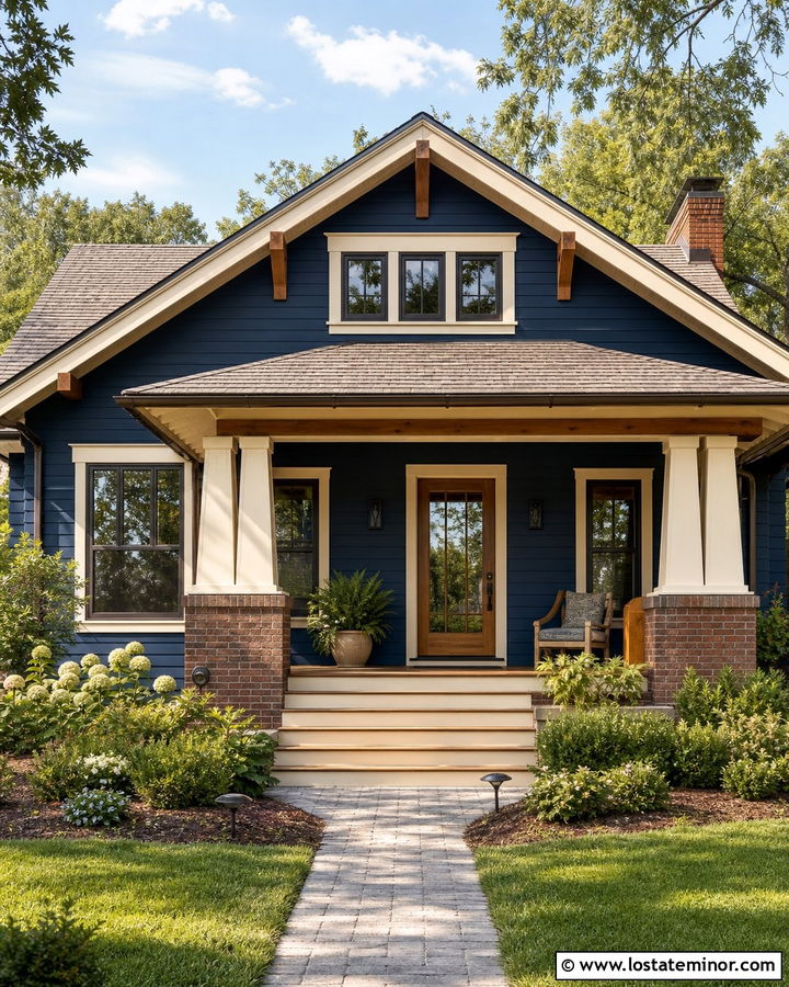 Navy Blue Bungalow With Wood Tone Storm Door - 30 Navy Blue House Design With Storm Door Ideas