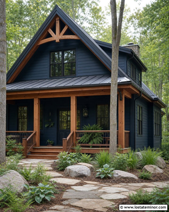 Navy Blue Cabin House With Wooded Front Yard - 30 Navy Blue House Design With Front Yard Ideas