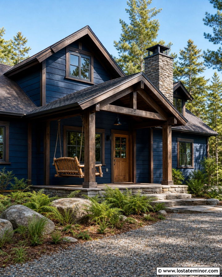 Navy Blue Cabin With Log Swing - 30 Navy Blue House Design With Swing Ideas
