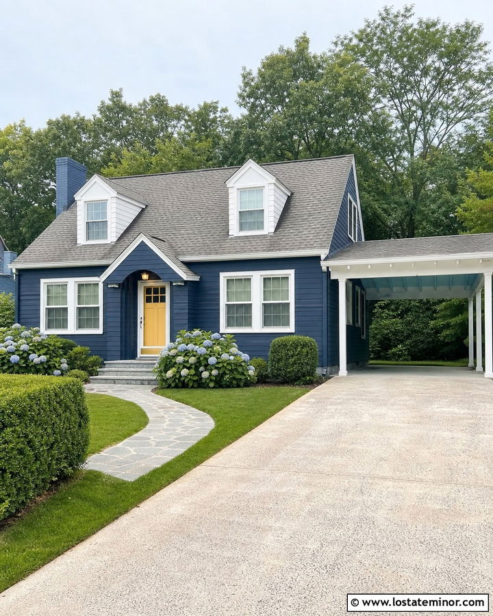 Navy Blue Cape Cod House With Attached Carport - 30 Navy Blue House Design With Carport Ideas