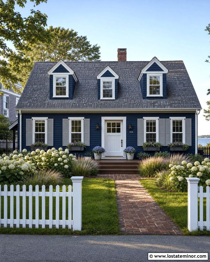 Navy Blue Cape Cod House With Gray Shutters - 30 Navy Blue House Design With Shutters Ideas