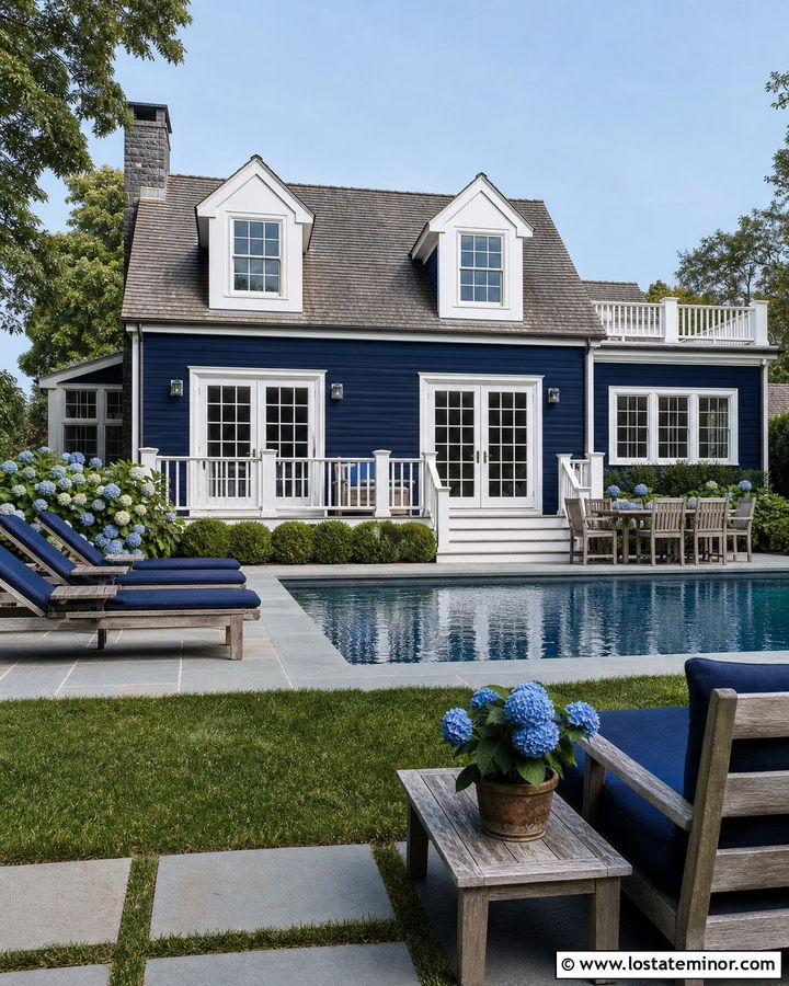Navy Blue Cape Cod House With Pool Patio - 30 Navy Blue House Design With Swimming Pool Ideas