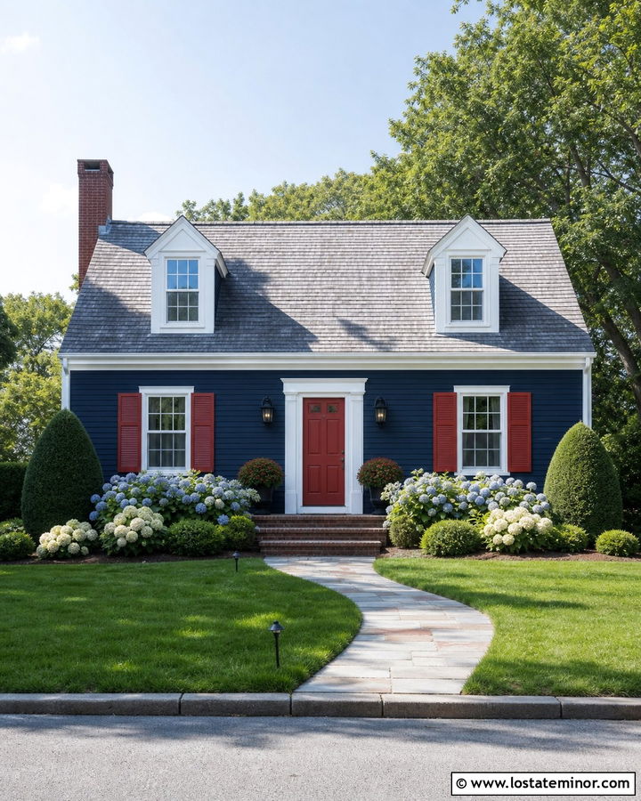 Navy Blue Cape Cod House With Red Shutters - 30 Navy Blue House Design With Accents Ideas