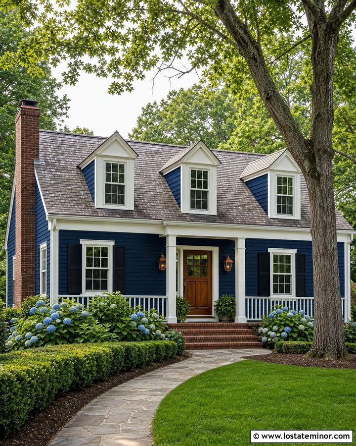 Navy Blue Cape Cod House With Square Porch Columns - 30 Navy Blue House Design With Porch Columns Ideas