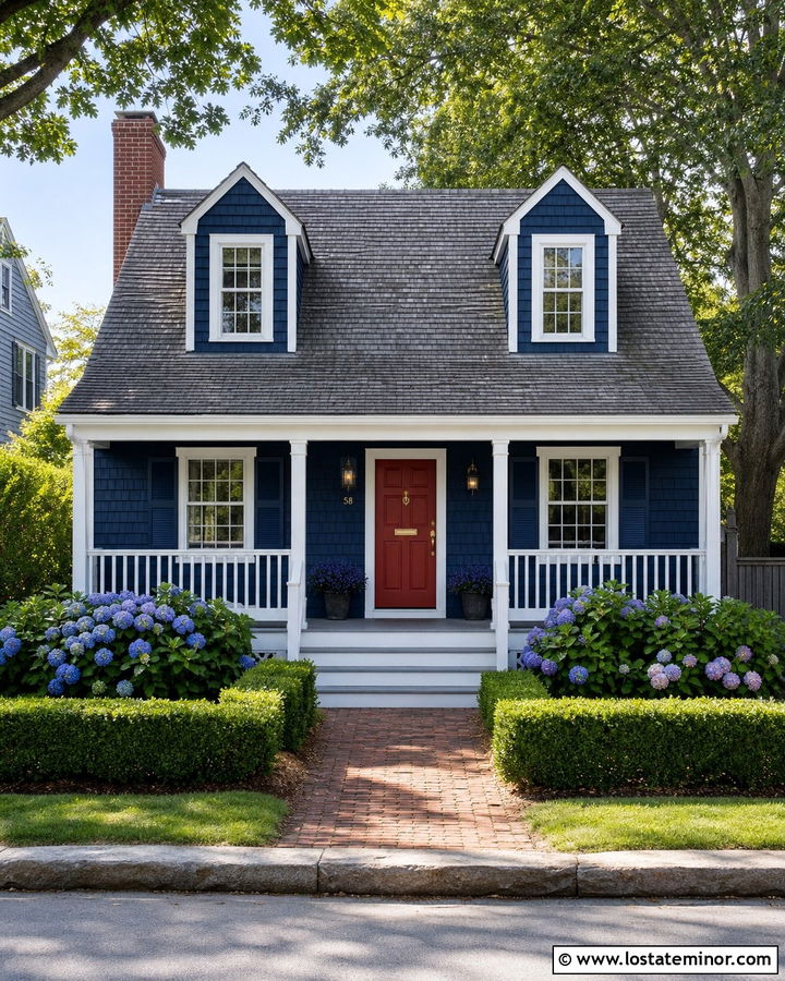 Navy Blue Cape Cod House With White Baluster Railings - 30 Navy Blue House Design With Railings Ideas
