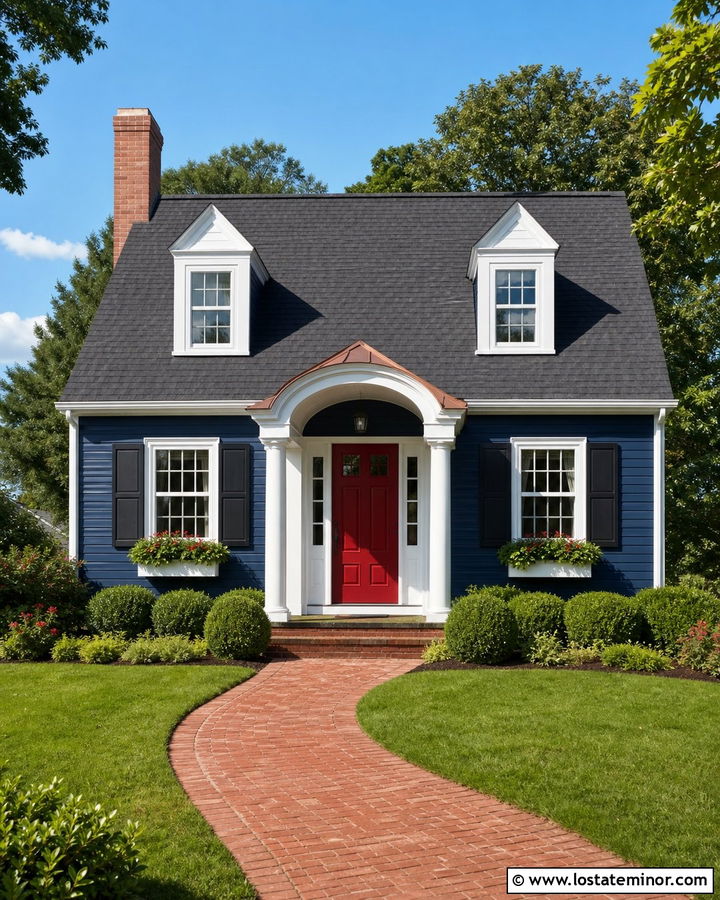 Navy Blue Cape Cod With Arched Portico - 30 Navy Blue House Design With Portico Ideas