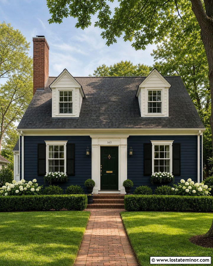 Navy Blue Cape Cod With Brick Chimney - 30 Navy Blue House Design With Brick Accents Ideas