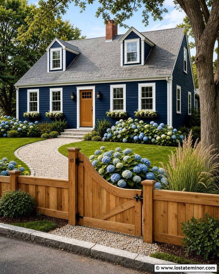 Navy Blue Cape Cod With Cedar Fence - 30 Navy Blue House Design With Fence Ideas