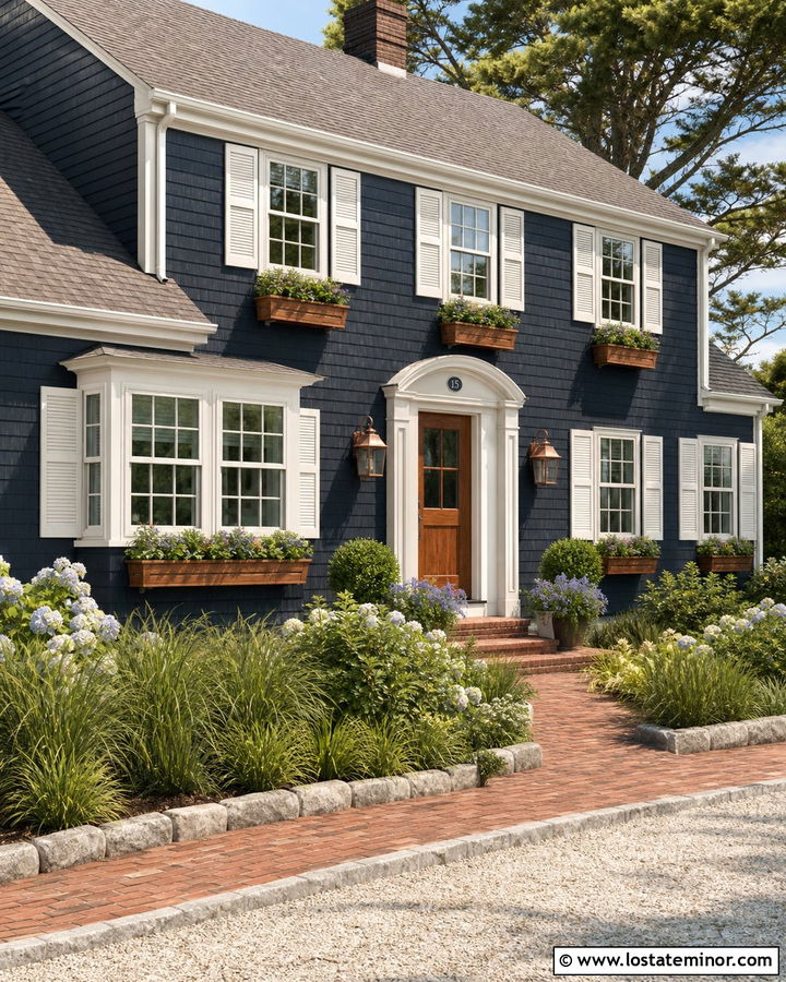 Navy Blue Cape Cod With Copper Lanterns - 30 Navy Blue House Design With Light Fixtures Ideas
