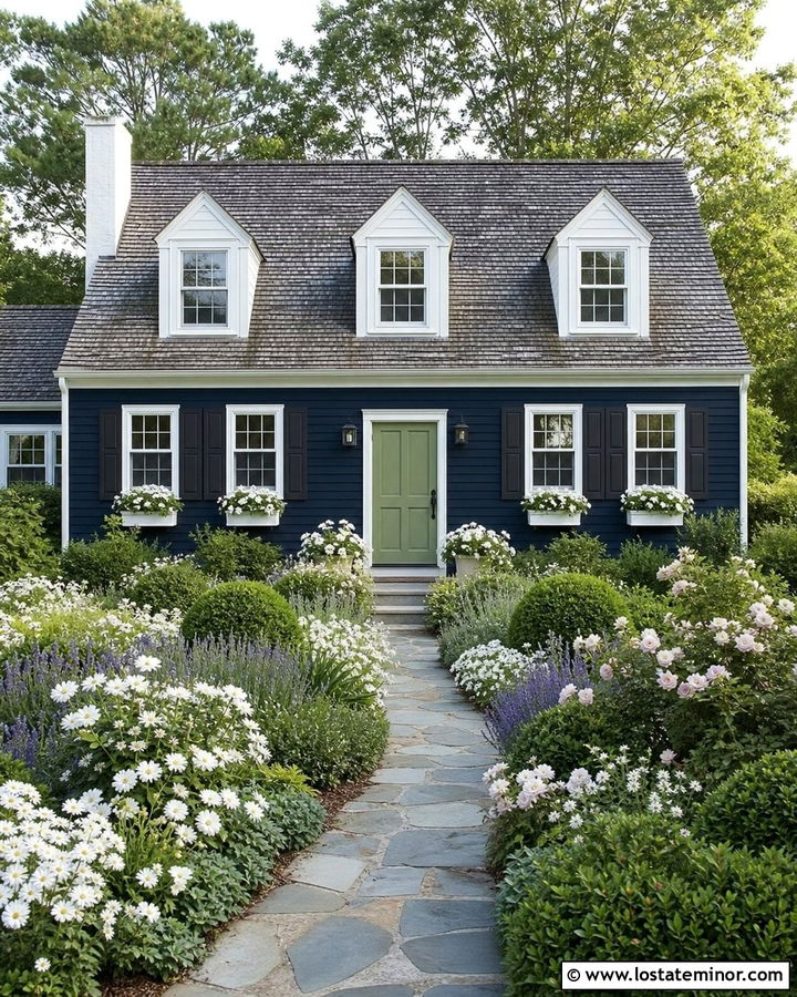 Navy Blue Cape Cod With Cottage Garden - 30 Navy Blue House Design With Front Yard Ideas