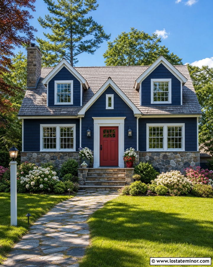 Navy Blue Cape Cod With Fieldstone Wainscoting - 30 Navy Blue House Design With Wainscoting Ideas