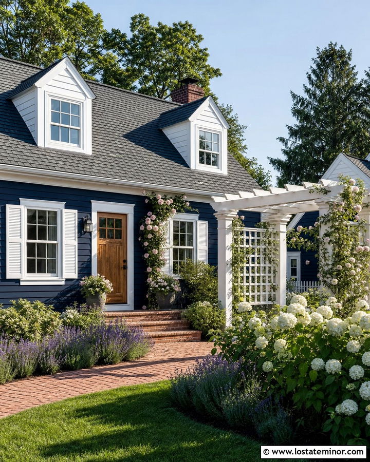 Navy Blue Cape Cod With Garden Pergola - 30 Navy Blue House Design With Pergola Ideas