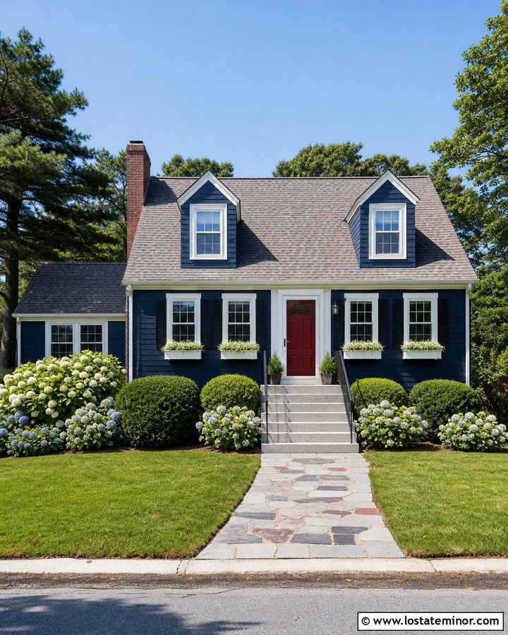 Navy Blue Cape Cod With Granite Steps - 30 Navy Blue House Design With Steps Ideas
