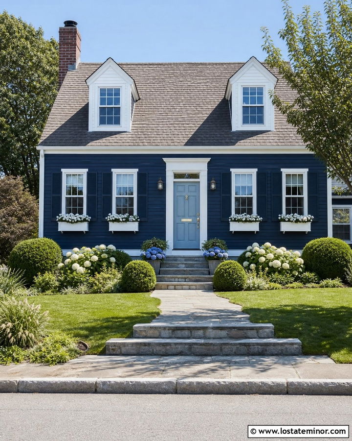 Navy Blue Cape Cod With Light Blue Front Door - 30 Navy Blue House Design With Front Door Ideas