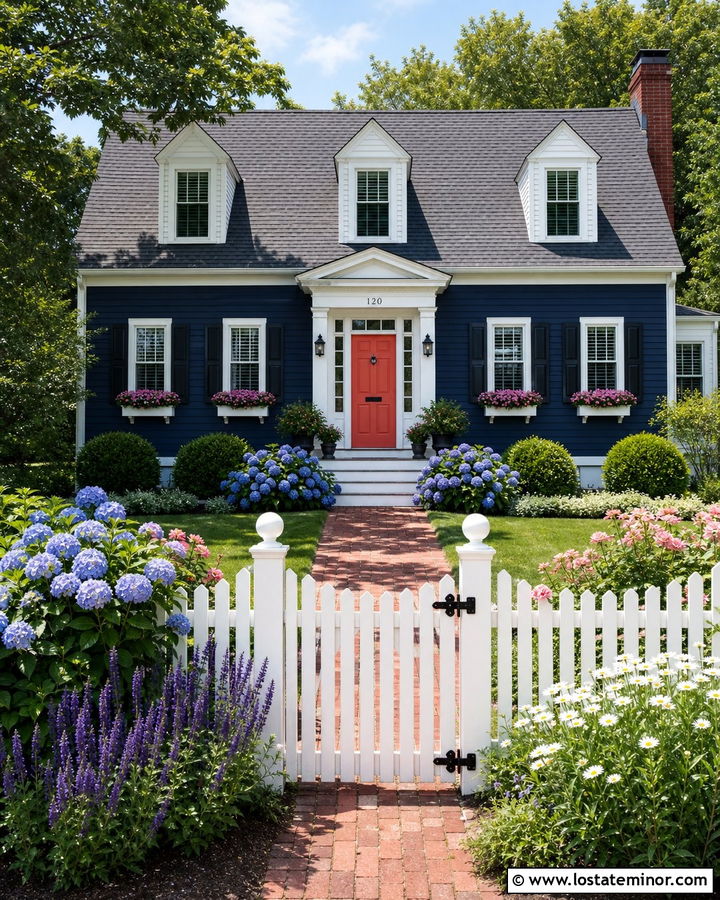 Navy Blue Cape Cod With Picket Fence Garden - 30 Navy Blue House Design With Landscaping Ideas