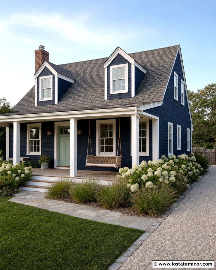 Navy Blue Cape Cod With Rope Swing - 30 Navy Blue House Design With Swing Ideas