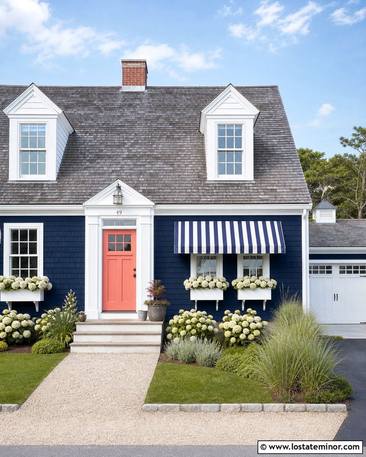Navy Blue Cape Cod With Striped Awning - 30 Navy Blue House Design With Awning Ideas
