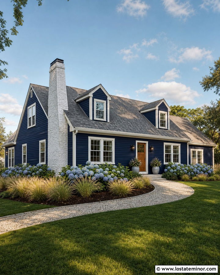 Navy Blue Cape Cod With White Brick Chimney - 30 Navy Blue House Design With Chimney Ideas