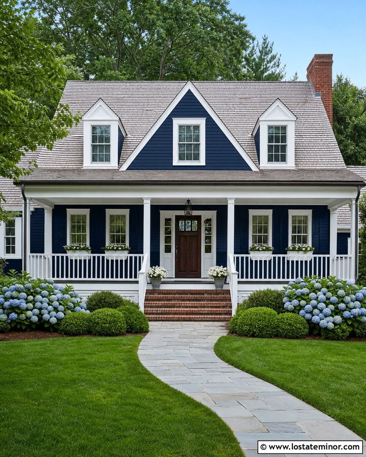 Navy Blue Cape Cod With White Columns - 30 Navy Blue House Design With Front Porch Ideas