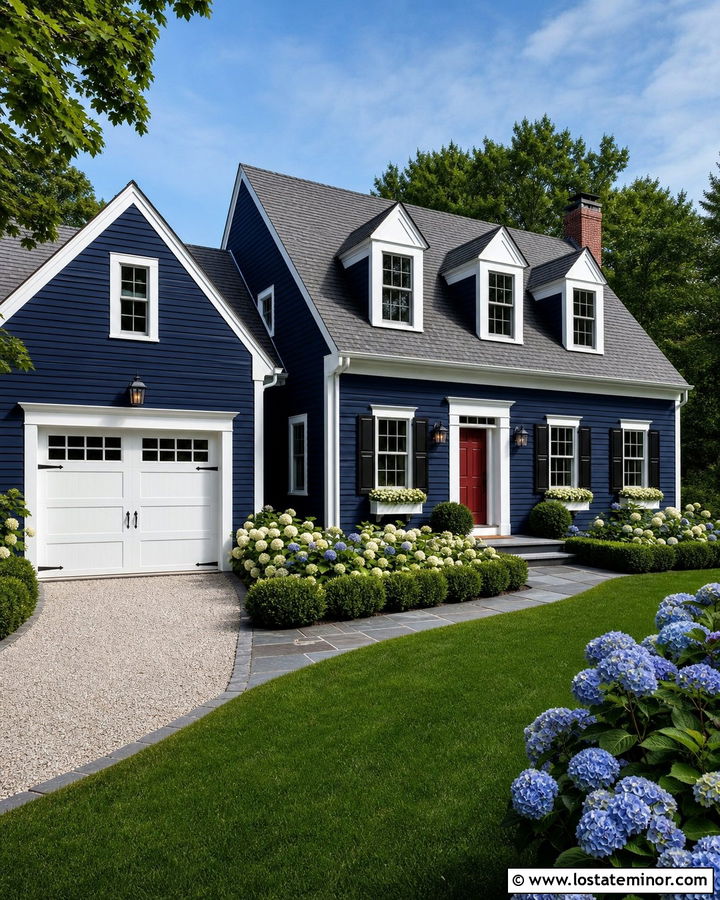 Navy Blue Cape Cod With White Garage Door - 30 Navy Blue House Design With Garage Door Ideas