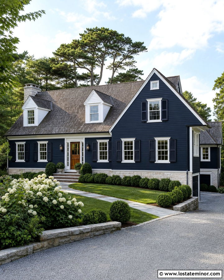 Navy Blue Cape Cod With White Stone Foundation - 30 Navy Blue House Design With Stone Accents Ideas
