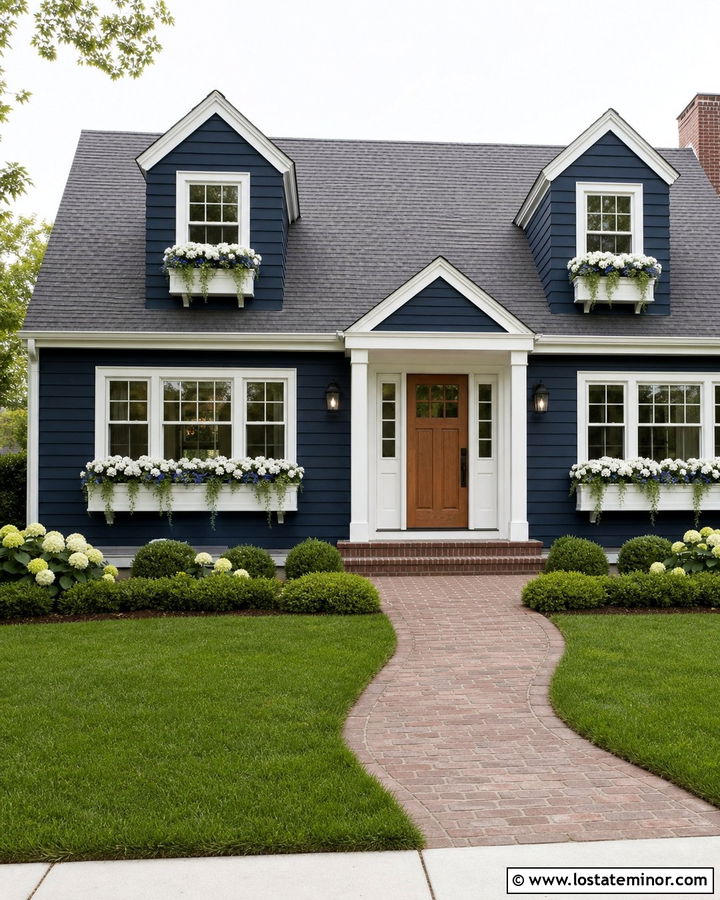 Navy Blue Cape Cod With White Window Boxes - 30 Navy Blue House Design With Window Boxes Ideas