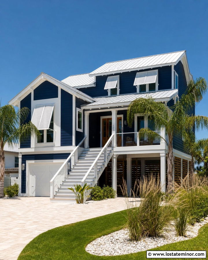 Navy Blue Coastal House With Bahama Awning - 30 Navy Blue House Design With Awning Ideas