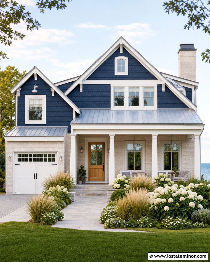 Navy Blue Coastal House With Cream Brick - 30 Navy Blue House Design With Brick Accents Ideas