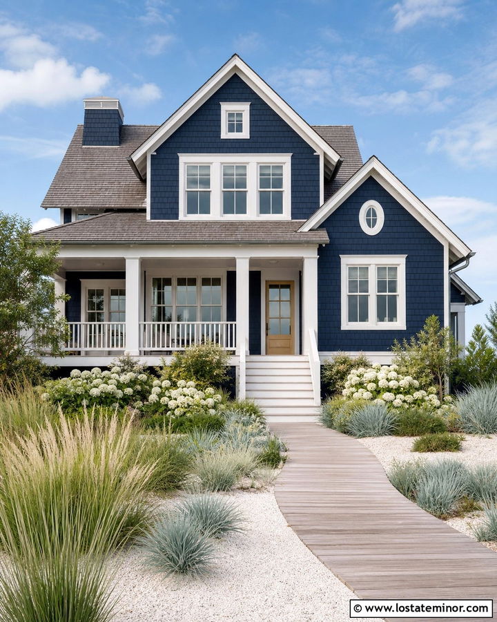 Navy Blue Coastal House With Dune Grass Yard - 30 Navy Blue House Design With Front Yard Ideas