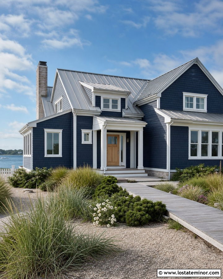 Navy Blue Coastal House With Dune Landscaping - 30 Navy Blue House Design With Landscaping Ideas
