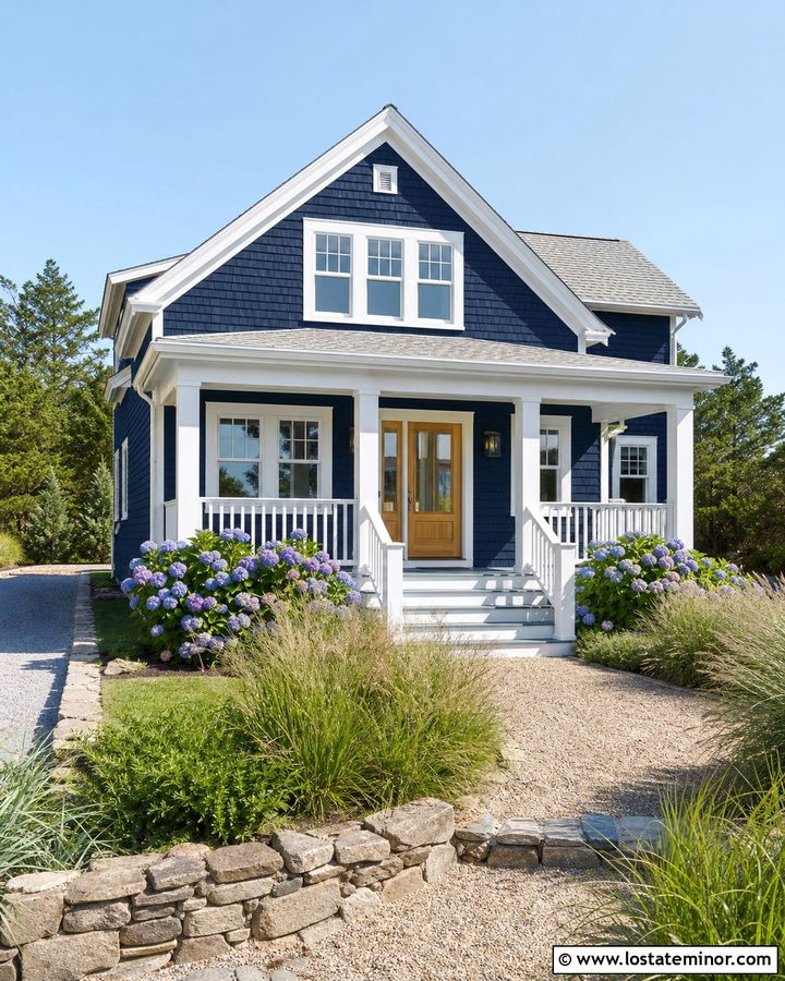Navy Blue Coastal House With Gables - 30 Navy Blue House Design With Gables Ideas
