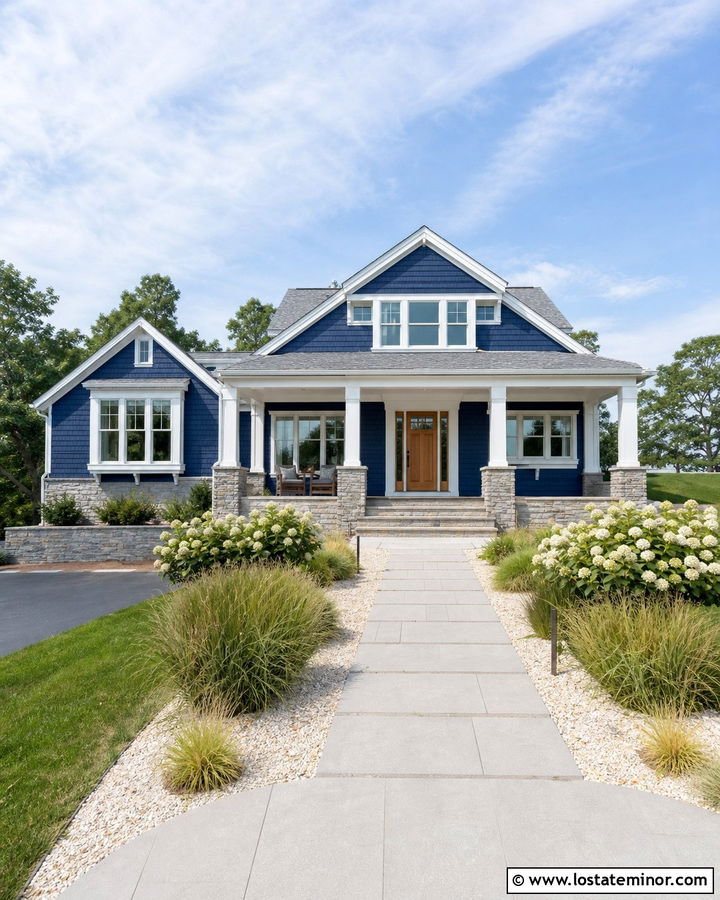 Navy Blue Coastal House With Light Gray Stone - 30 Navy Blue House Design With Stone Accents Ideas