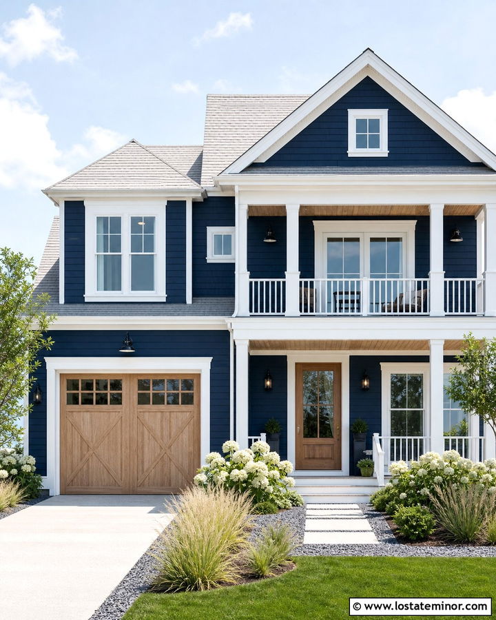 Navy Blue Coastal House With Light Wood Garage - 30 Navy Blue House Design With Garage Door Ideas